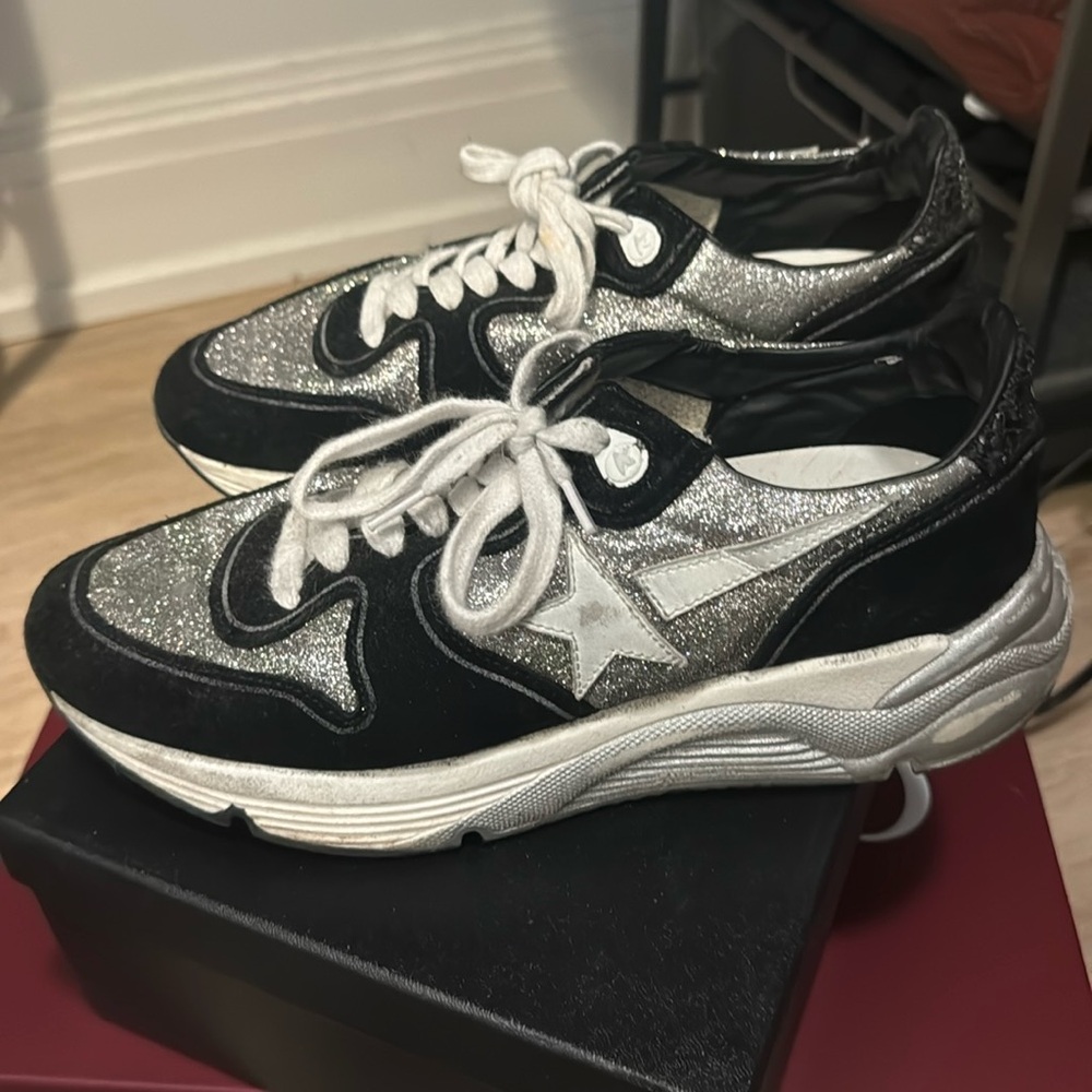 Golden Goose black/white/silver glitter running sneaker